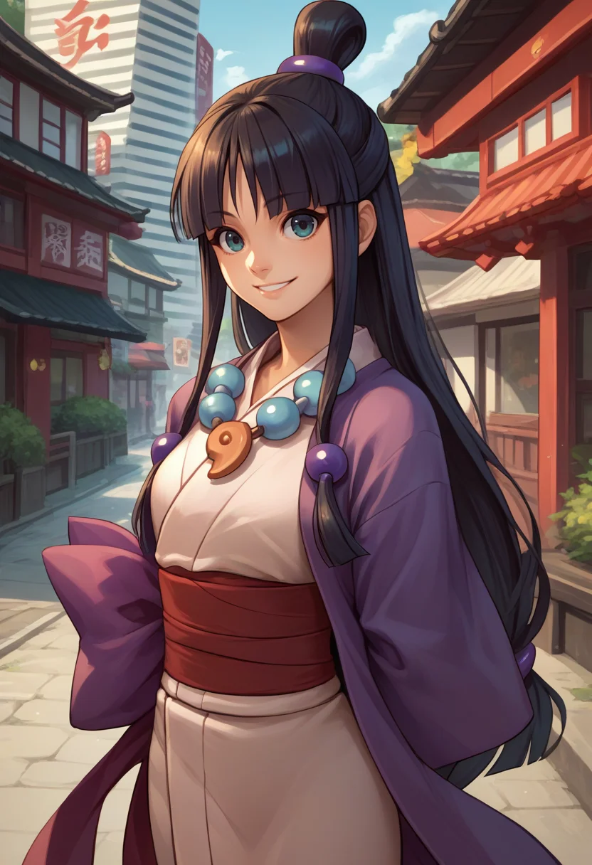 score_9, score_8_up, score_7_up, source_anime, solo, 1girl, maya fey, smile, looking at viewer, arms behind back, half updo, hair ornament, japanese clothes, kimono, sash, necklace, magatama, outdoors, city street <lora:aa_mayafey_ponyXL:1>