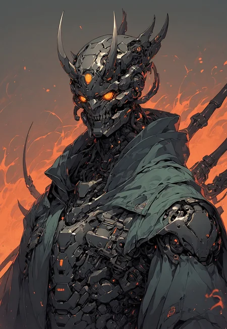 score_9,score_8_up,score_7_up, solo, 1man, upper body, forest green armor, orange oranments, simple neon background, no humans, glowing, glowing orange eyes, helmet, devil horns, robot, insectoid, mecha, oni-demon, silver cyberbunk outfit, blade cloak, heavy weaponized, samurai, naginata blade, science fiction, cyborg, mechanical parts, humanoid robot, bulky, science fiction, sinozick style, flat color, dark theme, cowboy shot, Expressiveh