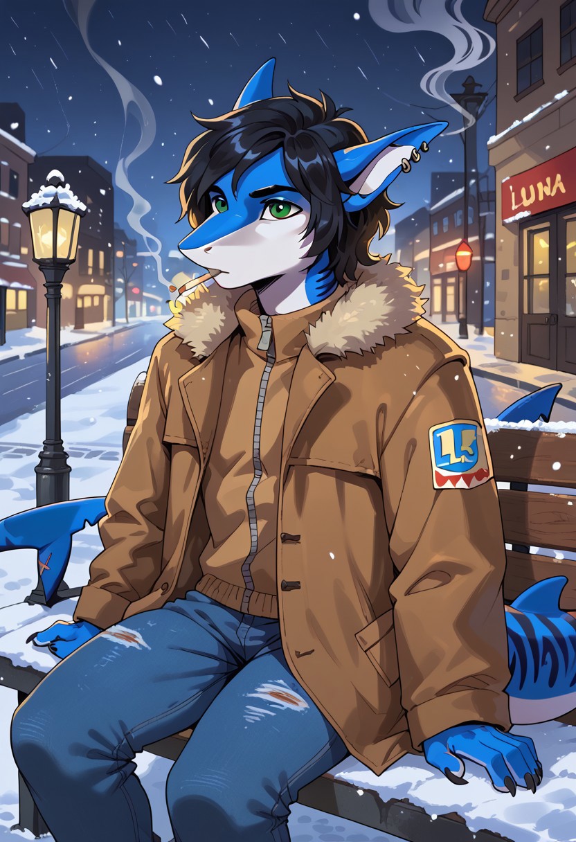 scappo,  score_9, score_8_up, score_7_up, 1boy, solo, lunarsunxl, anthro shark,dark blue skin, stripes on the body, short hair,lush hair,black hair, green eyes, shark tail, ear piercing, BREAK, Facing the viewer, looking up, looking away from the viewer, brown coat, blue jeans, smoking a cigarette, sitting on a bench, winter city, snowing, night, street lights, looking at a street light,