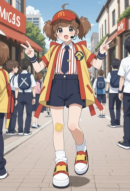 <lora:Hyper-SDXL-8steps-lora:1><lora:Fixhands_anime_bdsqlsz_V1:1> zPDXL2,score_9, score_8_up, score_7_up, masterpiece, best quality, absurdres, high resolution, 8k, official art, official style, source_anime, uncensored, anime screencap, anime coloring, megami magazine, (ai-generated:0.6),
1girl, double_cheese_(mcdonald's), brown hair, short twintails, grey eyes, blush stickers, visor cap, headset, black necktie, vertical-striped shirt, yellow jacket, badge, wristband, black shorts, bandaid on knee, shoes,
standing, double v, knees together feet apart, Neutral, A relaxed facial expression with a slightly open mouth., outdoors, city, japan, audience, crowd,
<lora:M-imadakedabuchitabemi_XL(pony)v10:1>