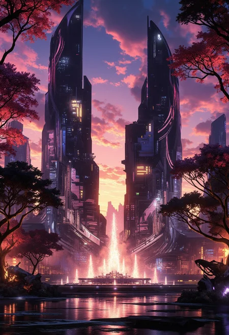 OBsgdys, A digital painting in the style of ck-js, highest definition, HD32K, wallpaper, hyperdetailed, concept art, tall, curved obsidian and smoked glass towers in a cyberpunk sci-fi plaza, in front of a pond with a fountain, dark and imposing, silhouetted in a neon-hued sunset, reflected in the water