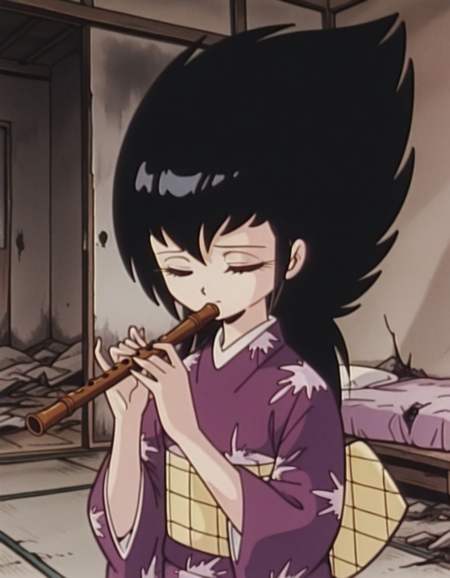 masterpiece, best quality, abandoned japanese bedroom, kimono, sad, closed eyes, solo, upper body, playing flute, 
<lora:0ni:1>, 0ni, 1girl, black hair, long hair, spiked hair, red eyes, 1960s \(style\),