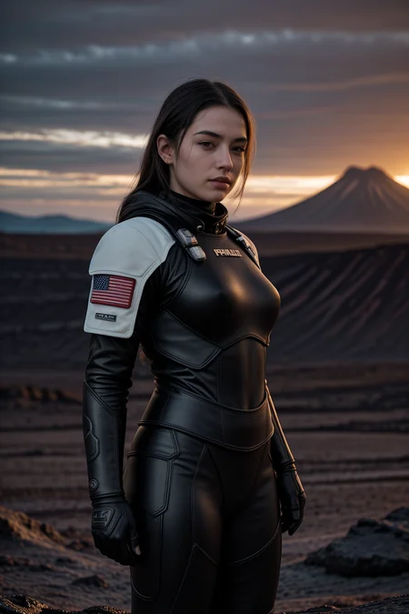 female space marine,  in the diffused light of an overcast day, volcanic landscape with lava flows in background. Award-winning, professional, highly detailed. <lora:picxer_real:0.7>, (HDR, High Dynamic Range, vibrant colors, high contrast, detailed, UltraHD, 8K, cinematic, 80mm, high detail)