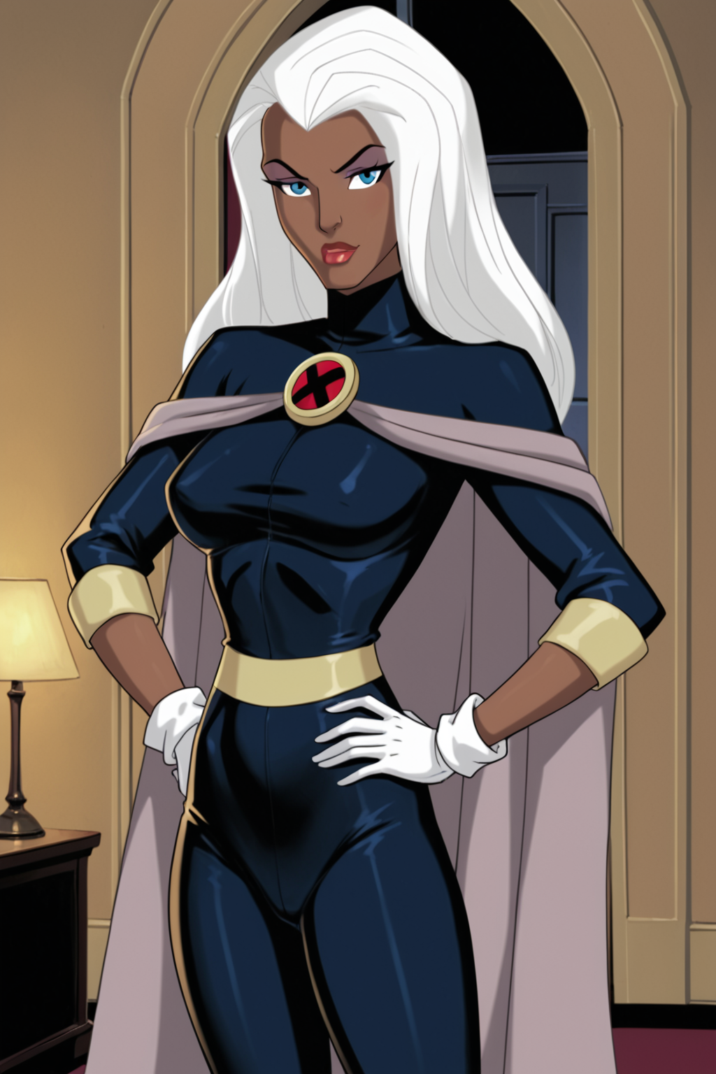 PonyXLV6_Scores BREAK ((parody), perfect anatomy, perfect eyes, cowboy shot), <lora:add_details_xl:1> BREAK BREAK <lora:Storm_-_X-Men_Evolution:1> ororo munroe, dark-skinned female, long hair, white hair, blue eyes, makeup, lipstick, flirting, raised eyebrow, ((looking at viewer)), cape, brooch, bodysuit, white gloves, large breasts, curvy, toned, athletic, standing, sexually suggestive pose, hands on hip, indoors