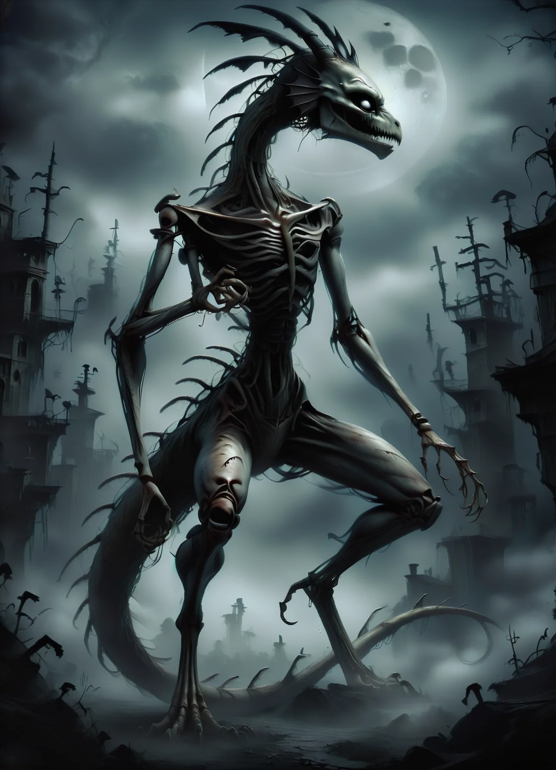 DonMGl00myN1gh7m4r3XL,score_9, score_8_up, score_7_up, score_6_up, a harmonious deluge darkness elongated Chinese Dragon, fins, skeletal head, long clawed legs, segmented tails, , creepy, gloomy, <lora:DonMGl00myN1gh7m4r3XL:0.8>