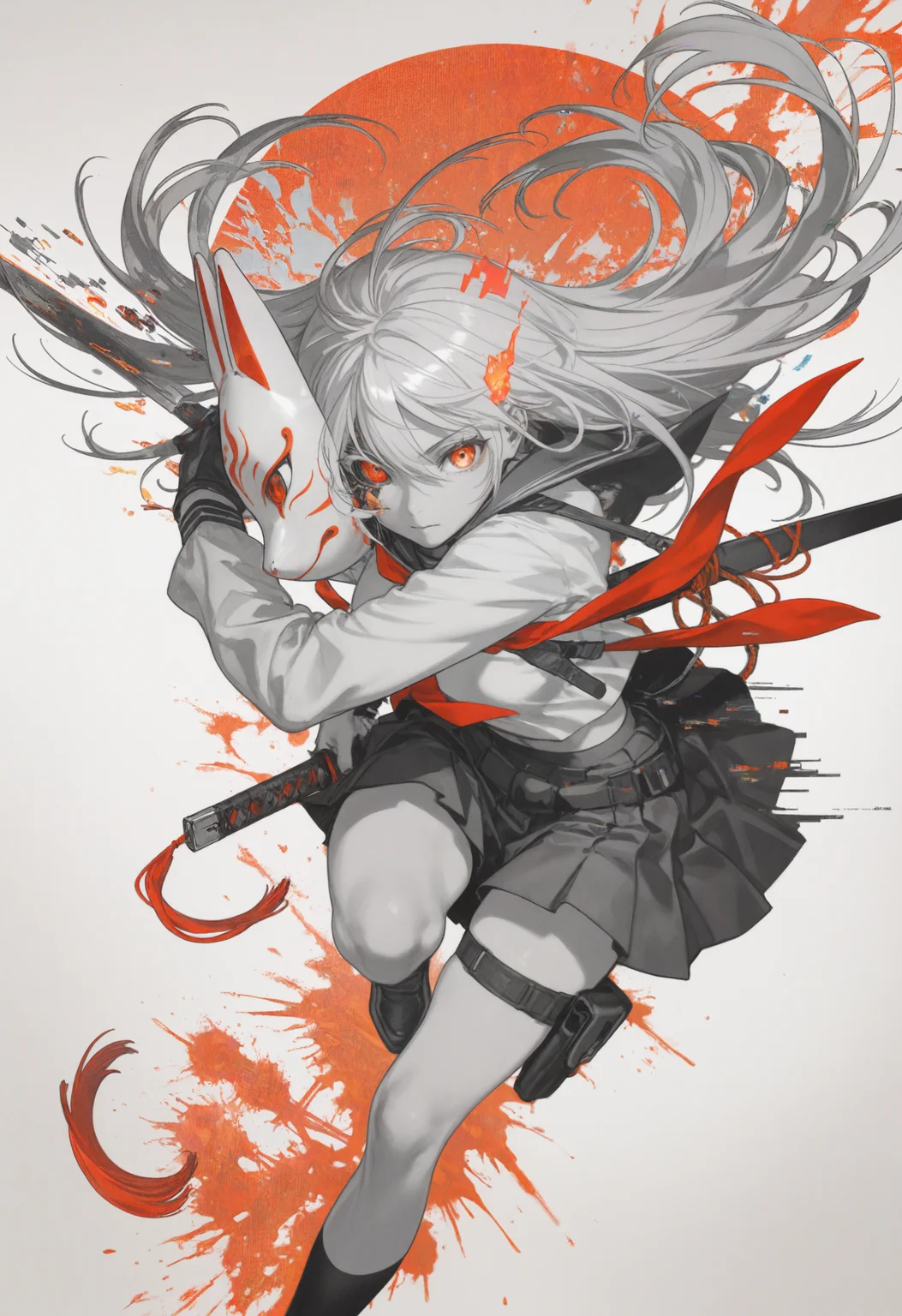 embedding:lazypos, 1girl, action pose, fox_mask, fox fire, mechanical eye, holding sword, school uniform, harness, thigh pouch, silhouette art, glitch art, virtual, colored shadow, geometry, local color adaptation, hdr