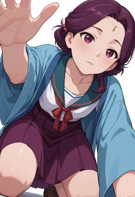 Smooth Quality,masterpiece,very intricate, high quality details, ultra realistic, high detailed skin,detailed enviorement,absurdres,
partially undressed,
<lora:Yinghua_CNR:0.8> yinghuacnr, purple hair, purple eyes,, simple background, white background, from below,
kneeling, one hand on ground, reaching forward, focused, tense, ,depressed,, sailor shirt, ,haori, ,sheer skirt, ,