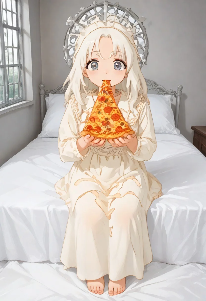red slime girl ((eating pizza)) pizzasdx, looking at viewer (pizza melting:1.5) medieval bedroom background, masterpiece, full body sitting on bed, white bed, bed, white sheets, window, good light, perfect hands, good hands (hands on pizza) pizza