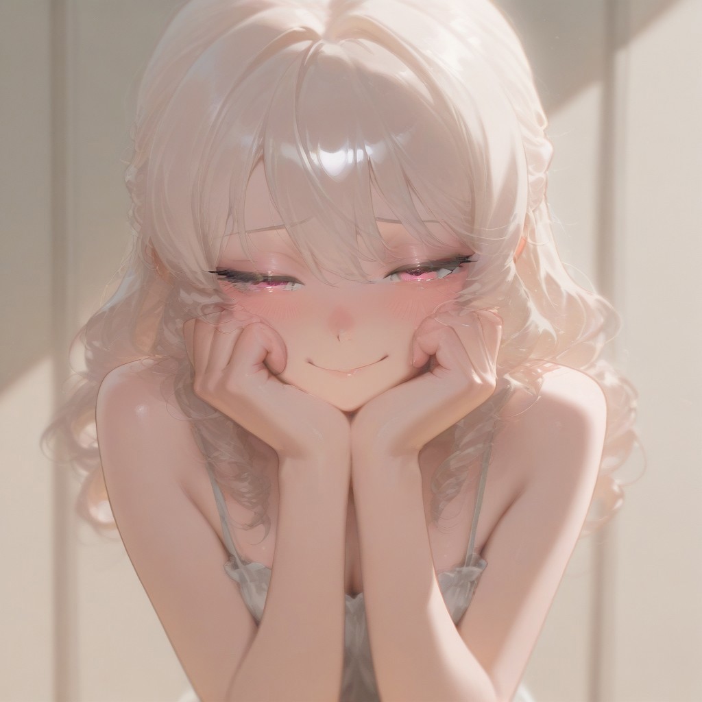 1girl, solo, sad, smile, tear, shameful, blush, masterpiece, best quality, curly hair