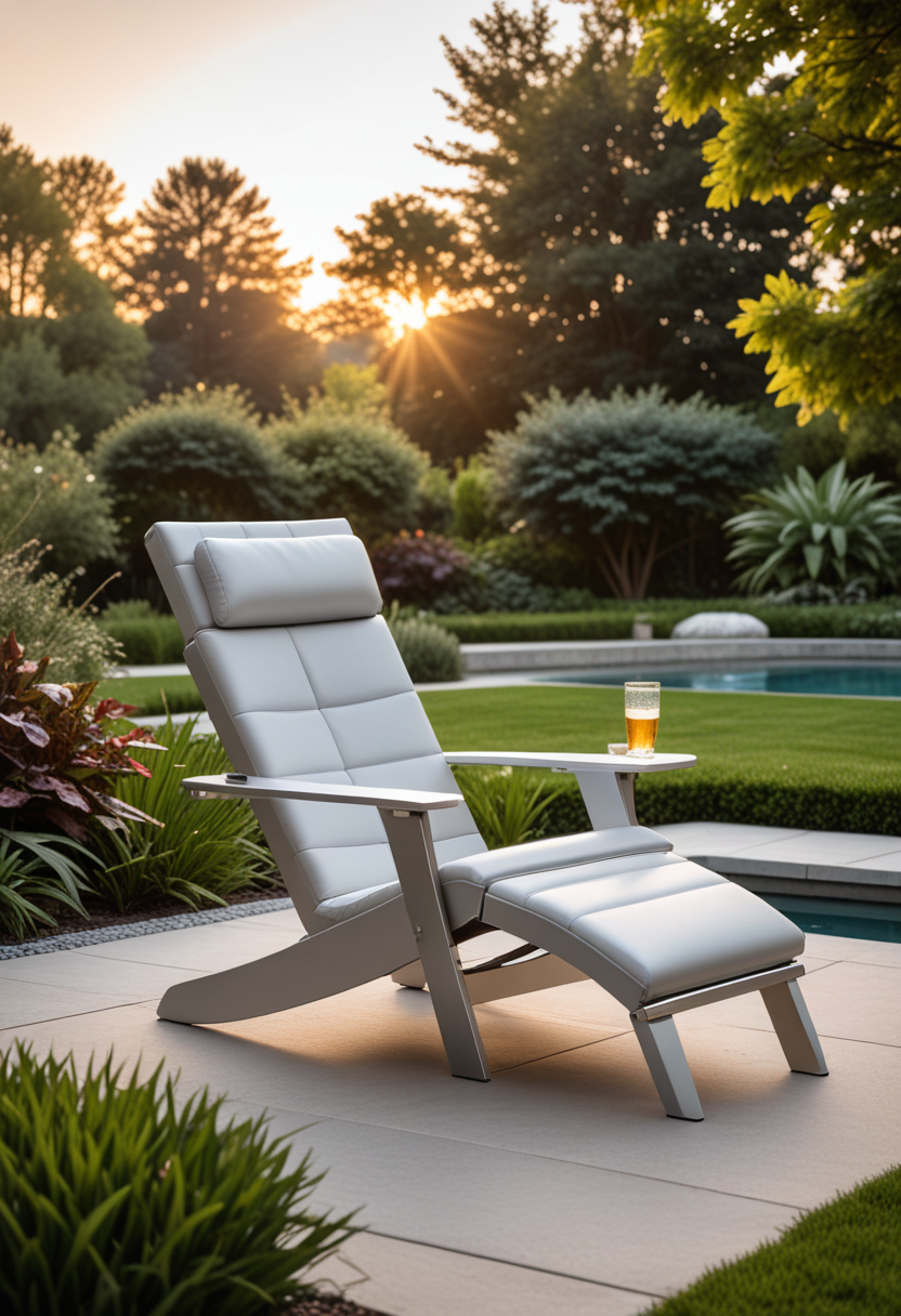 (medium full shot) of (modern Adirondack chair) made of leather material, silver color, modern style, ergonomic design, upholstered seat, lacquer finish, iron hinges, located in  a luxurious garden, with high-end furniture, elegant decor, sophisticated style, rich fabrics, at sunset, Masterpiece,best quality, photo, realistic, very aesthetic,