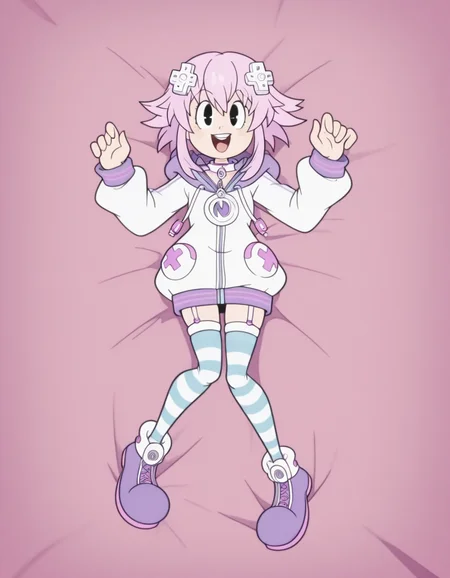 1girl,
RetroXL, toon \(style\), flat color, black eyes,
neptunehuman, d-pad hair ornament, striped thighhighs
smile, open mouth, upper teeth,
lying on bed, girl lying on back, dakimakura design,
anime coloring, very awa, best quality, year 2024, newest, highres, absurdres,
very aesthetic, amazing quality, beautiful color,colorful