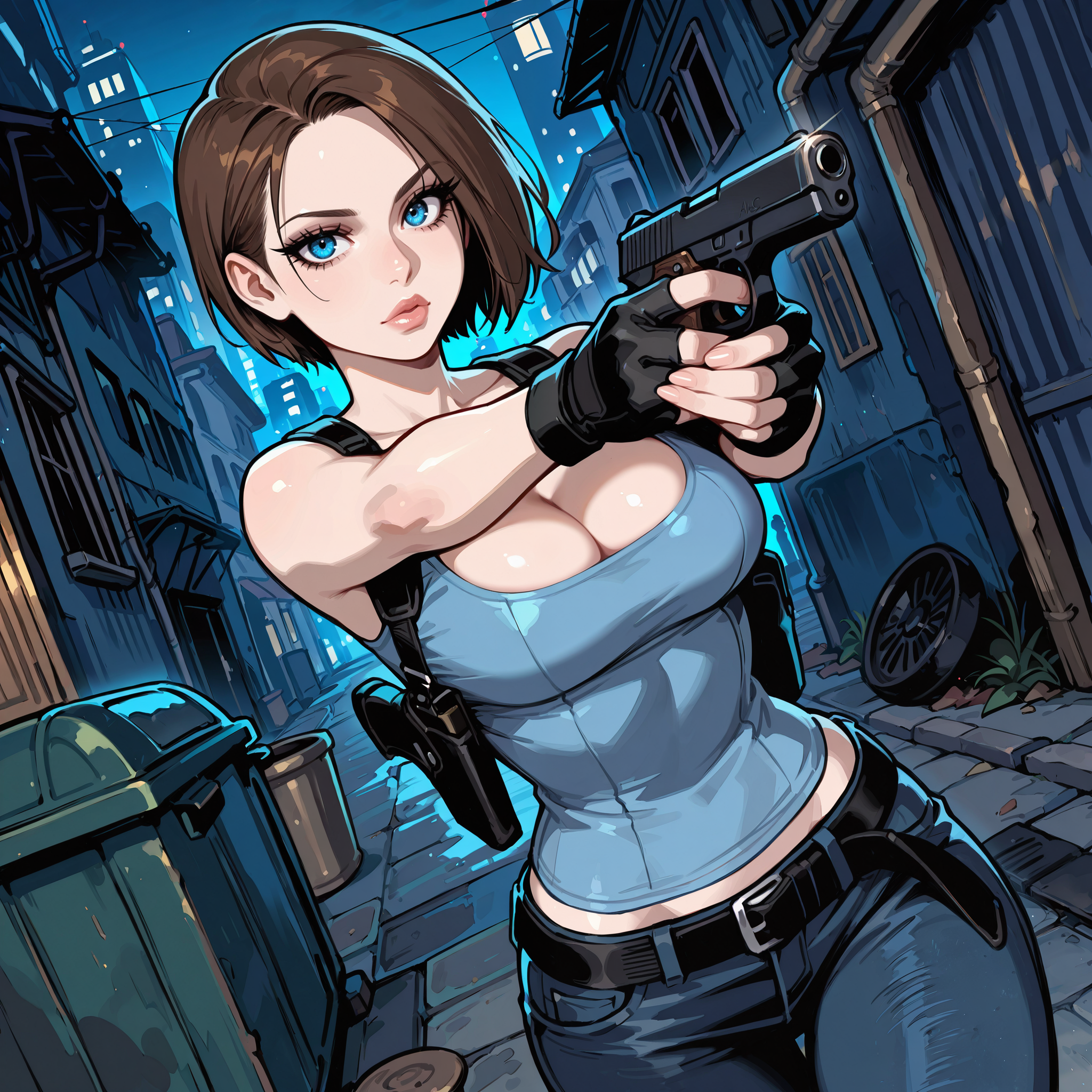 masterpiece, best quality,

dynamic angle, sexy pose, hands on pistol,

BREAK

perfect character, perfect hands, perfect fingers, detailed character, detailed face, detailed eyes, detailed eyelashes, detailed lips, 

1girl, jill valentine from resident evil, caucasian girl, fair skin color, brown hair color, medium length hair, blue eye color,

fit body, almond shaped eyes, long eyelashes, thick lips, round medium breasts, small narrow waist, wide hips,

BREAK

blue tank top, cleavage, black leather shoulder holsters, dark blue denim jeans, black fingerless gloves,

BREAK

detailed background, detailed scenery, outdoors, modern city, alleyway, in a dark alleyway, garbage:0.6, dumpster:0.6, nighttime, dark,