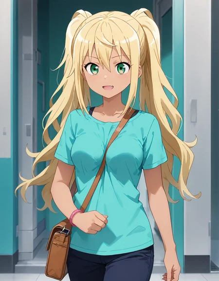 score_9, score_8_up, score_7_up, source_anime, <lora:add-detail-xl:1>, good anatomy, masterpiece, amazing quality, ultra detailed, good hand
BREAK 1girl, casual, walking, <lora:pai-sura:0.7> pai-sura, breasts emphasis, slant bag, bag strap passing between breasts,
BREAK <lora:hibiki-sakura-s1-ponyxl-lora-nochekaiser:0.9> hibiki sakura, long hair, blonde hair, hair between eyes, twintails, green eyes, fang, dark skin, dark-skinned female, gyaru, medium breasts,