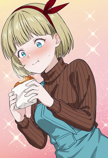 best quality, amazing quality, perfect quality, high quality, masterpiece, absolutely eye-catching BREAK
<lora:Shokugeki_no_Souma_-_Cilla:1> ShokugekiCilla, blue eyes, blonde hair, short hair, blunt bangs, red hairband, medium breasts BREAK
brown ribbed sweater, turtleneck sweater, blue overalls, single off shoulder, blue skirt BREAK
sparkle background, gradient background BREAK
1girl, solo, eating, surprised, holding food, blush, dutch angle, cowboy shot