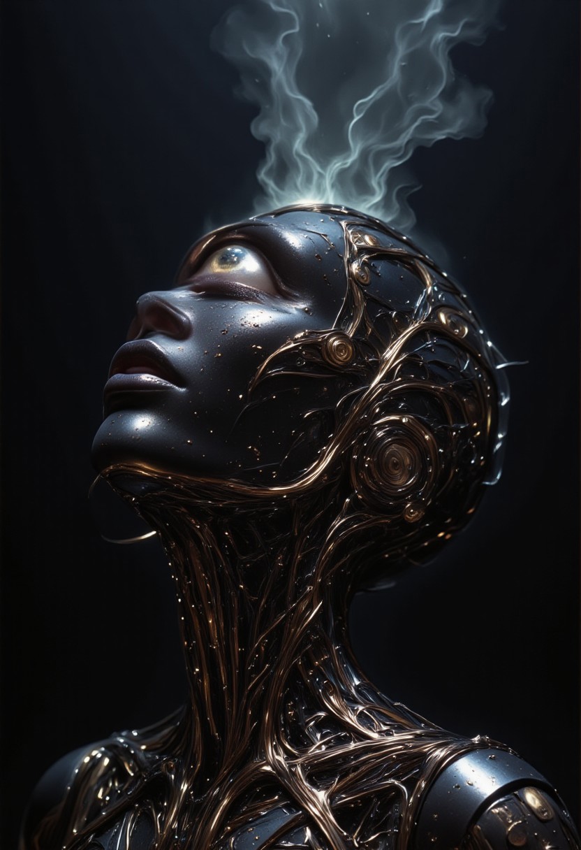 impressionist classical-style painting of a highly detailed, fantasy scene with a dramatic, robotic aesthetic. The central figure is a female robot. Her head and body are made of shiny and smooth metal with multi-colored, exposed wiring going down her neck creating an organic mosaic pattern. She is a biomechanical robot with Chrome Skinned and there are wires jacked into her face. Her cyclops eye is an intense silver color with light silver eyeshadow, and her lips are a rich, deep silver color. There is a missing panel on her cheek. A spot light focuses on her from above. She is bald and is blending in with the dark, smoky, nighttime background. She is facing you and looking up into the sky intensely. The overall impression is one of dramatic beauty, with an almost otherworldly quality.  (((ultra-realistic style))), realistic soft lighting, dark, eye-catching, atmospheric lighting, natural, shallow depth of field, (highlights: 0.8), high detail (dynamic, cinematic shot, film grain, bokeh, depth of field,
