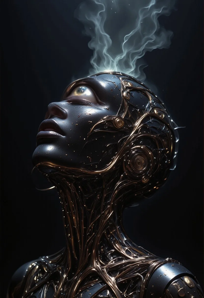 impressionist classical-style painting of a highly detailed, fantasy scene with a dramatic, robotic aesthetic. The central figure is a female robot. Her head and body are made of shiny and smooth metal with multi-colored, exposed wiring going down her neck creating an organic mosaic pattern. She is a biomechanical robot with Chrome Skinned and there are wires jacked into her face. Her cyclops eye is an intense silver color with light silver eyeshadow, and her lips are a rich, deep silver color. There is a missing panel on her cheek. A spot light focuses on her from above. She is bald and is blending in with the dark, smoky, nighttime background. She is facing you and looking up into the sky intensely. The overall impression is one of dramatic beauty, with an almost otherworldly quality. (((ultra-realistic style))), realistic soft lighting, dark, eye-catching, atmospheric lighting, natural, shallow depth of field, (highlights: 0.8), high detail (dynamic, cinematic shot, film grain, bokeh, depth of field,
