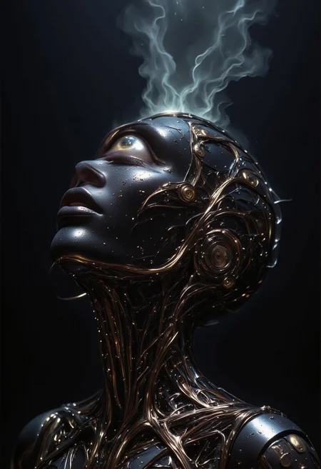 impressionist classical-style painting of a highly detailed, fantasy scene with a dramatic, robotic aesthetic. The central figure is a female robot. Her head and body are made of shiny and smooth metal with multi-colored, exposed wiring going down her neck creating an organic mosaic pattern. She is a biomechanical robot with Chrome Skinned and there are wires jacked into her face. Her cyclops eye is an intense silver color with light silver eyeshadow, and her lips are a rich, deep silver color. There is a missing panel on her cheek. A spot light focuses on her from above. She is bald and is blending in with the dark, smoky, nighttime background. She is facing you and looking up into the sky intensely. The overall impression is one of dramatic beauty, with an almost otherworldly quality.  (((ultra-realistic style))), realistic soft lighting, dark, eye-catching, atmospheric lighting, natural, shallow depth of field, (highlights: 0.8), high detail (dynamic, cinematic shot, film grain, bokeh, depth of field,