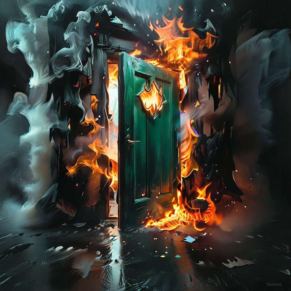 <lora:flame silhouette:1>,  <lora:flame:1>, flame,
burning office green door, 
graphic style of novel comics, perfect hands, 2d,
8k, hyperrealism, masterpiece, high resolution, best quality, ultra-detailed, super realistic, Hyperrealistic art, high-quality, ultra high res, highest detailed, lot of details, Extremely high-resolution details, incredibly lifelike, colourful, soft cinematic light,