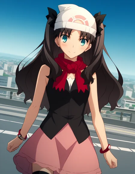 score_9, score_8_up, score_7_up, source_anime, rintohsaka, <lora:rin-tohsaka-ubw-ponyxl-lora-nochekaiser:1>, rin tohsaka, aqua eyes, black hair, hair ribbon, long hair, ribbon, sidelocks, two side up, parted bangs,, <lora:dawn-pokemon-cosplay-ponyxl-lora-nochekaiser:1>, dawnpokemoncosplay, dawn \(pokemon\) \(cosplay\), bare shoulders, beanie, black shirt, black socks, bracelet, hat, jewelry, kneehighs, miniskirt, pink skirt, red scarf, scarf, shirt, skirt, sleeveless, sleeveless shirt, white headwear,, cityscape, street, smile, blush,, cowboy shot, dutch angle, solo,