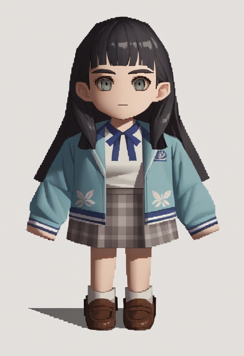score_9, score_8_up, score_7_up, source_anime, 1girl, solo, <lora:zs_FFVIIChibisXL_1:1> ffviichibis, chibi, standing, full body, white background, <lora:zs_TaoXL:1> taosmtv, long hair, black hair, blunt bangs, grey eyes, jacket, shirt, grey skirt, plaid skirt, loafers