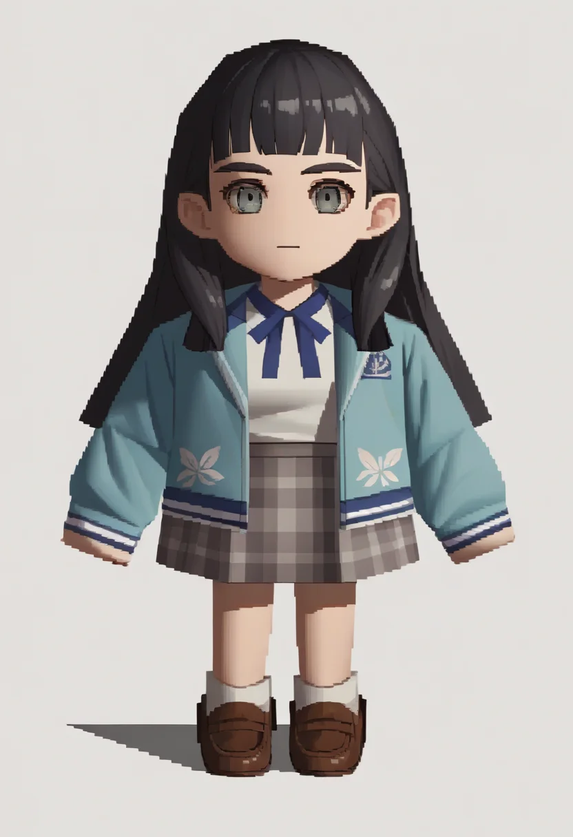 score_9, score_8_up, score_7_up, source_anime, 1girl, solo, <lora:zs_FFVIIChibisXL_1:1> ffviichibis, chibi, standing, full body, white background, <lora:zs_TaoXL:1> taosmtv, long hair, black hair, blunt bangs, grey eyes, jacket, shirt, grey skirt, plaid skirt, loafers