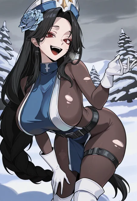 masterpiece, best quality, hires, absurdres, newest, 1girl, solo, <lora:cgel-style-richy-v1_ixl:1> smile, open mouth, outdoors, winter, snow, overcast, looking at viewer, <lora:maiden-nikke-richy-v1_ixl:1> mdnicr, red eyes, black hair, very long hair, braided ponytail, large breasts, blue flower, hair flower, mitre, hat, cross earrings, blue tabard, sideboob, bodystocking, black belt, white gloves, thigh strap, torn bodystocking, white knee boots