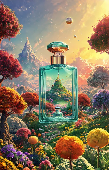 masterpiece,best quality,<lora:tbh8-sdxl:0.9>,illustration, A bottle of perfume in garden
