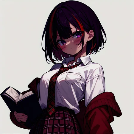 score_9, score_8_up, score_7_up, alicia, original costume, 1girl, purple_eyes, blush, plaid, necktie, skirt, black_hair, multicolored_hair, holding_book, short_hair, looking_at_viewer, red_hair, shirt, streaked_hair, red_necktie, plaid_skirt, red_skirt, plaid_necktie, white_shirt, cardigan, pleated_skirt,  off_shoulder, long_sleeves,  school_uniform