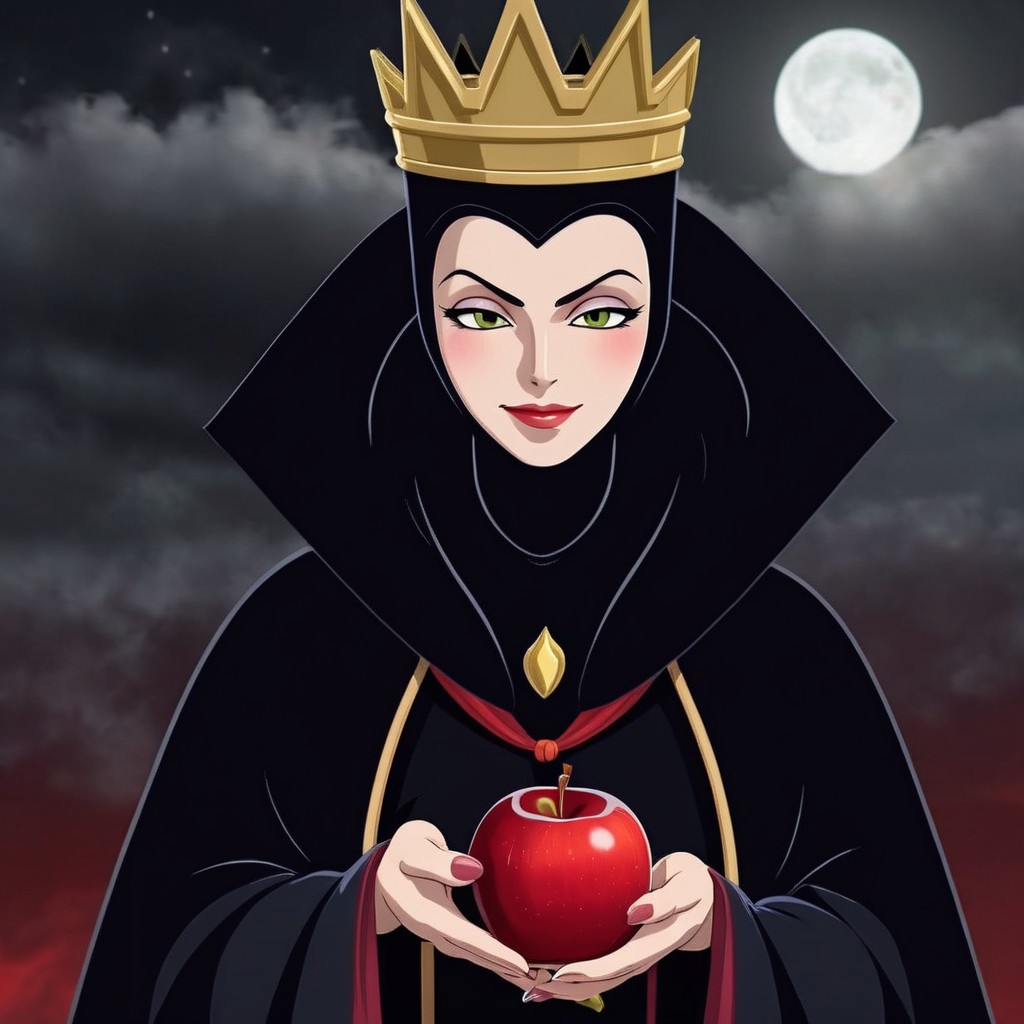 anime artwork of  <lora:Evil Queen v3:1> sharp detailed cinematic film look of 
Evil Queen a medium shot of an old face evil witch woman in a black robe and black hoodie holding a red apple with her perfect hand while smiling evil to the camera with dark grey background sky and perfect moonlight 1500s  15th century, anime style, key visual, vibrant, studio anime,  highly detailed