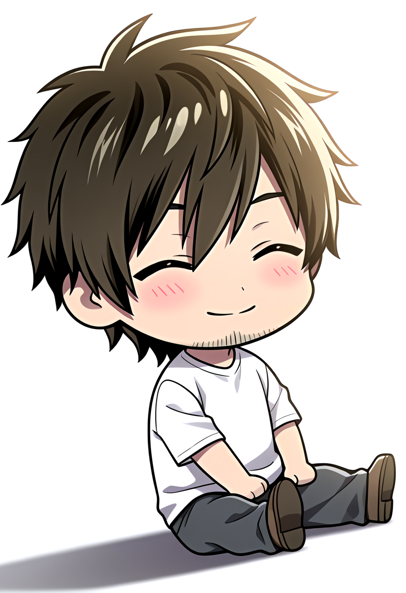 masterpiece, best quality, newest, absurdres, anime screencap, intricate details, good quality, very awa, highres, perfect proportions, perfect eyes, amazing quality, very aesthetic, 1boy, male focus, (goatee stubble:0.75),  (chibi), KKzm1_chibi, blush, white background, ^_^, smile, sitting, shadow, dutch angle,  dynamic action, intricate lighting, intricately detailed illustration, depth of field,