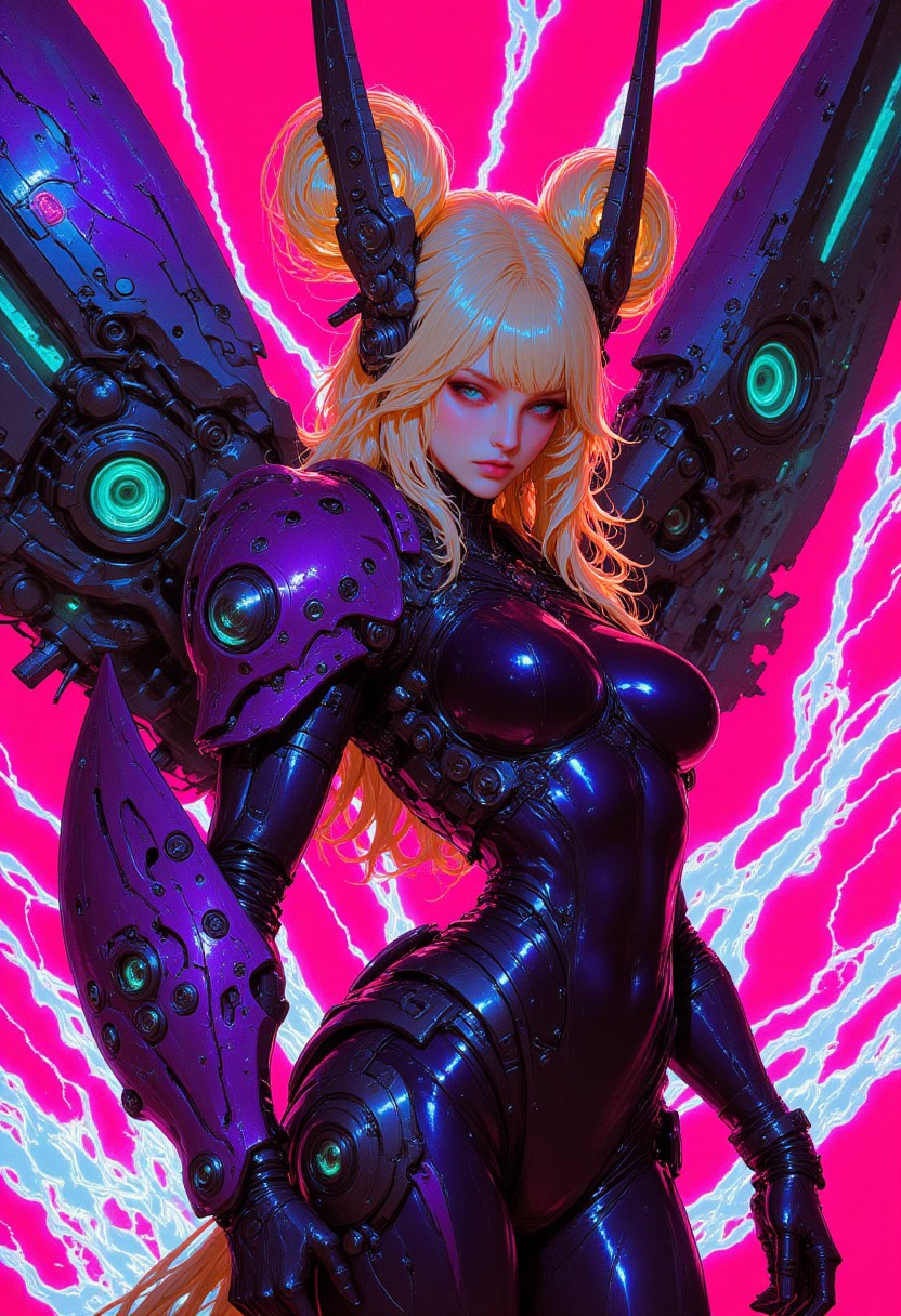 This digital artwork, in a stylized anime-inspired art style, portrays a futuristic cybernetic female character with a striking presence. She has a slender, athletic physique with a toned midsection, and her form-fitting, high-tech armor accentuates her sleek, powerful build. Her skin glows with a radiant neon pink hue, infused with a shimmering, iridescent quality. Her eyes are an intense electric blue, glowing with an otherworldly energy, enhancing her fierce and commanding expression.  
Her hair is long and voluminous, cascading in flowing waves of bright neon yellow, with streaks of electric orange illuminating each strand. Styled in two high buns with dynamic strands framing her face, her hair crackles with energy. Her advanced cyberpunk armor is a dazzling fusion of neon purple, cyan, and magenta, layered with intricate mechanical detailing. It features pulsating, glowing circuits and holographic accents, shifting in color as they respond to her movements. Her left arm is encased in a heavily armored gauntlet with a massive, claw-like energy construct, while her right arm, though sleeker, is equally adorned with glowing tech enhancements.  
Extending from her back are immense, semi-transparent, holographic wings that radiate electric blue and neon green hues, shimmering like digital projections. The background is a bold, vibrant pink, intensifying the character’s luminous energy and enhancing the futuristic, cyberpunk aesthetic. The entire scene glows with an electrified, sci-fi atmosphere, making the character the radiant focal point of this hyper-stylized composition.