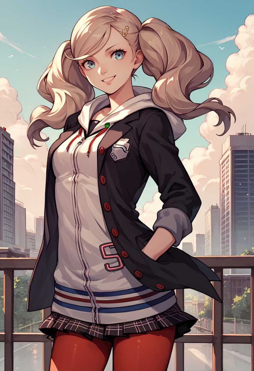score_9, score_8_up, score_7_up, source_anime, 1girl, cowboy shot, solo, looking at you, smile, hands in pockets, <lora:AnnP5-pdxl:1>defAnn, twintails, hairclip, school uniform, black jacket, white hoodie, plaid skirt, red pantyhose, outdoors, cityscape, sky, cloud