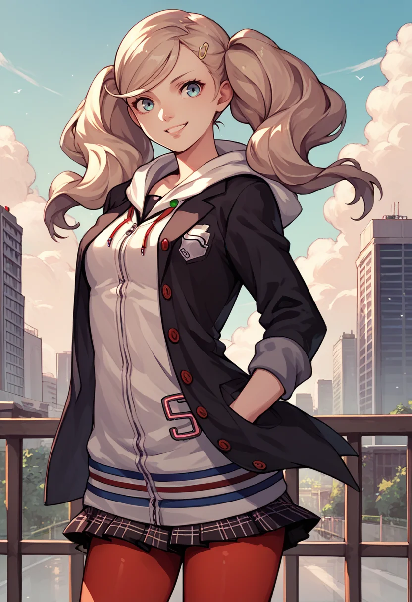score_9, score_8_up, score_7_up, source_anime, 1girl, cowboy shot, solo, looking at you, smile, hands in pockets, <lora:AnnP5-pdxl:1>defAnn, twintails, hairclip, school uniform, black jacket, white hoodie, plaid skirt, red pantyhose, outdoors, cityscape, sky, cloud