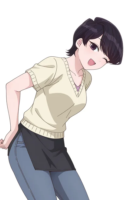 Smooth Quality,masterpiece,very intricate, high quality details, ultra realistic, high detailed skin,detailed enviorement,
simple background, white background,sideways,;d,
 slit skirt,,cardigan,  ,leotard,  , <lora:Komi_Shuuko_cnn:0.8> komishuukocnn, 1girl,black hair, short hair, bangs, purple eyes,mature female,shirt, jeans, short sleeves,