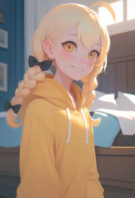 score_9, score_8_up, score_8, score_7_up, score_7, CMRNM, detailed eyes, eye reflection, blonde hair, braid, twin braids, yellow eyes, twintails, low twintails, ahoge, hair bow, black bow, hood, hoodie, yellow hoodie, indoors, 1girl, blush, smile,