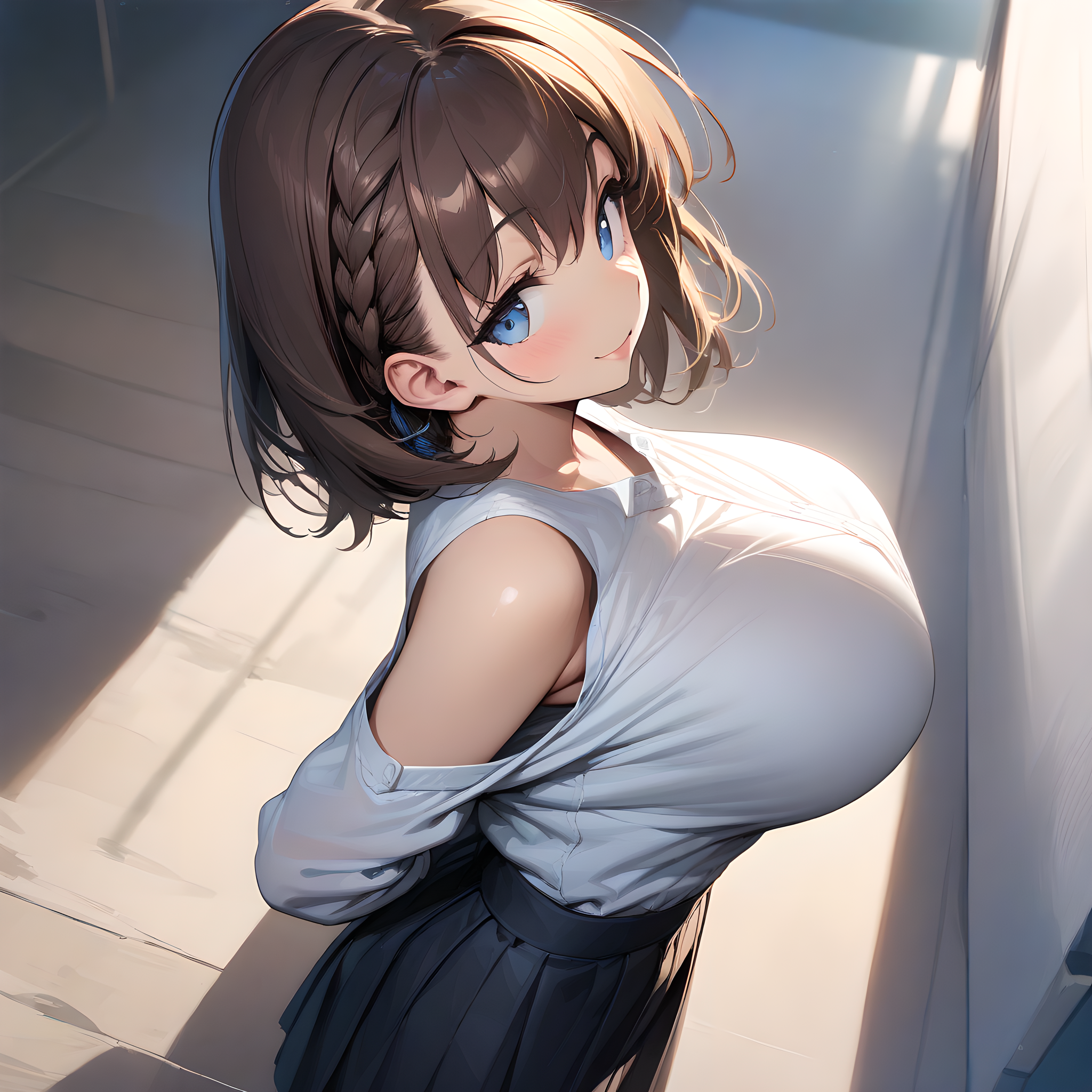 (masterpiece),(best quality),(ultra-detailed),(best illustration),(best shadow),(absurdres),(detailed background),(very aesthetic), ai-chan(tawawa), 1girl, solo, breasts, braid, skirt, brown hair, large breasts, smile, short hair, shirt, looking at viewer, arms behind back, blue eyes, side braid, white shirt <lora:XL-Ai-chan(Tawawa):1>