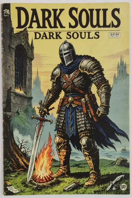 vintage comic book with the title text: "Dark Souls", a whimsical breathtaking detailed promotional illustration from Dark Souls and logo