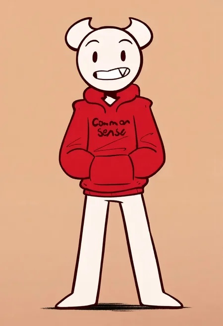 <lora:AdamSomeThingElseYTIllustrations:1> source_cartoon, adam_somethingelseyt_illustrious, 1boy, solo, humanoid, white skin, demon horns, red hoodie, clothes writing, long sleeves, hood down, bottomless BREAK full body, raised eyebrows, looking at viewer, grin, hands in pockets, standing BREAK flat colors, brown background