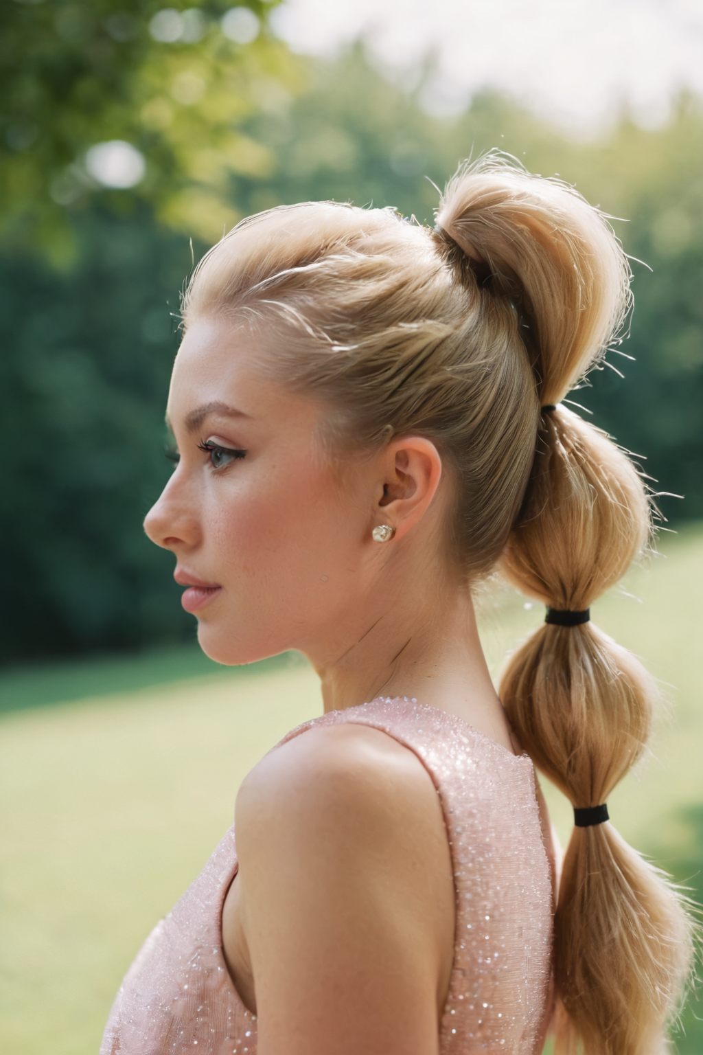 80s style portrait shot, a beautiful American girl with long blonde bubble ponytail, bt80hast, side view, ideal face, 80s dress, pale skin, blush, detailed skin, innocent, natural lighting, film grain, retro,(bokeh:1.3), Porta 160 color, shot on ARRI ALEXA 65, sharp focus on subject, Fujifilm XT-3,  <lora:BT_80s_Hairstyles_XL:0.7>