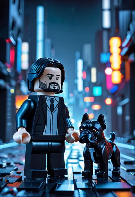 Lego (John Wick) and small black bulldog, dark background, night city