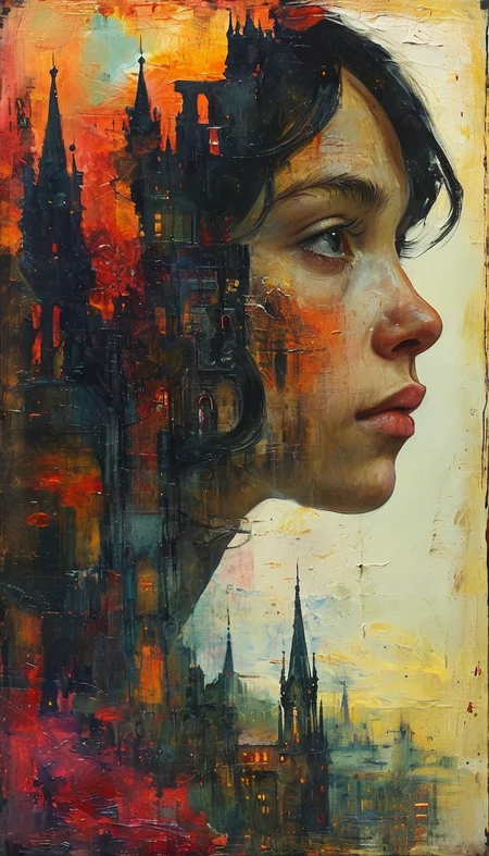 Captivating double exposure image, blending together a
post apocalyptic ruined city and the profile of an person face,
The ruined city should serve as the underlying backdrop, with its details subtly incorporated into the contours of the person's silhouette,
The background should reflect a dreamy sunset with colorful a vibrant colors.
ink, acrylic painting, double exposure, mythological, best quality, gloomy, Van Gogh, Craola, Dan Mumford, Andy Kehoe, Miyazaki, patchwork, 2d, flat, cute, adorable, vintage, art on a cracked paper, storybook detailed illustration, cinematic, ultra highly detailed, tiny details, beautiful details, mystical, luminism, vibrant colors, complex background, trending on artstation, sharp focus, studio photo, intricate details, highly detailed, by greg rutkowski, trending on artstation, sharp focus, studio photo, intricate details, highly detailed, by greg rutkowski