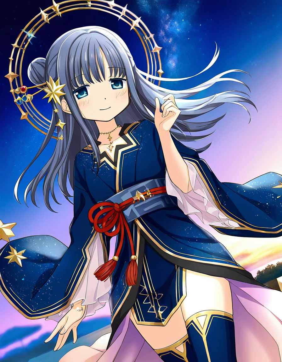 masterpiece, best quality, newest, absurdres, highres, safe, 1girl, nanami yachiyo \(tanabata ver.\), magia record: mahou shoujo madoka magica gaiden, thighhighs, smile, solo, outdoors, dutch angle, <lora:nanami_yachiyo_noobaiXLNAIXL_vPred10Version:0.7>