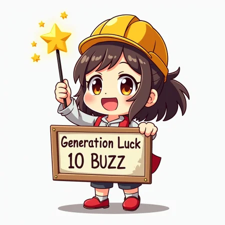 a helpful anime girl with a construction hardhat, waving a magic wand and holding up a sign saying "Generation Luck For 10 Buzz" and in parenthesis smaller font "not guaranteed"