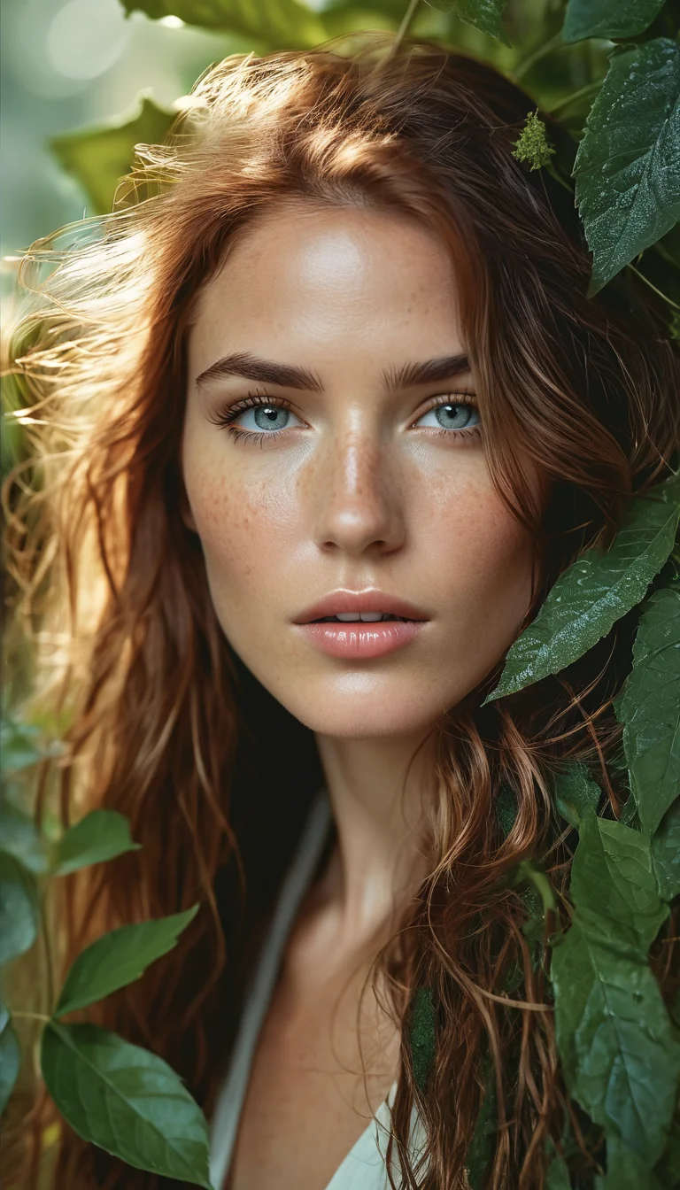 portrait of a unique breathtaking and beautiful woman face close-up, stunning detail, hyper detailed eyes, detailed skin with a flawless texture delicate and refined, smooth hair elegantly draped around her neck, subtle freckles on her nose, fullness of her lips, covered with leafs, captured in masterful composition, lighting accentuate her natural beauty, gentle shadows and highlights, incredible skill and attention to detail, nuance and detail, supersharp focus, Carne Griffiths, Conrad Roset, annie leibovitz, hyperdetailed, soft light, sharp, Hasselblad masterclass, <lora:add-detail-xl:0.6>