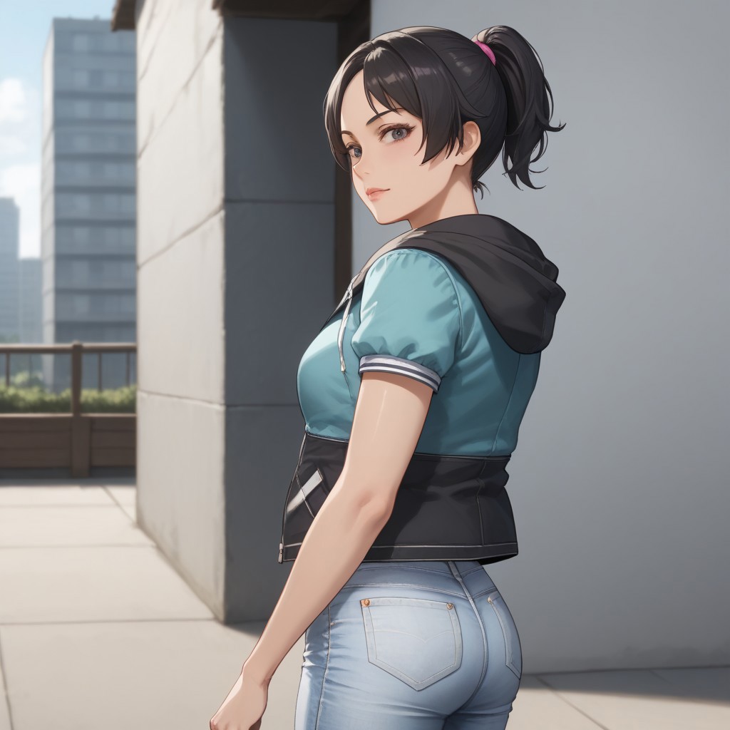 score_9, score_8, score_9, BREAK, bhadra, black hair, short hair, ponytail, jacket, jeans, sideview, looking at viewer