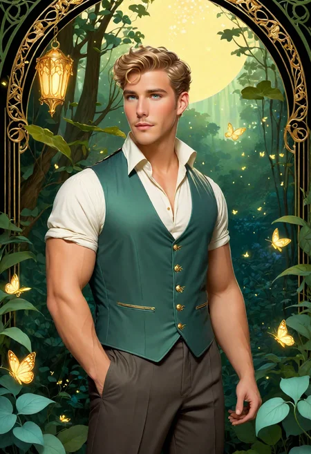 <lora:mdj_sdxl_v1-000008:1> fantasy illustration, beautifully detailed artistic illustration, mdjperson illustrated in elegant Disney Art Nouveau style, standing confidently in a magical enchanted forest, lush foliage and ornate floral motifs framing the scene, soft glowing fireflies illuminating him, wearing a detailed luxurious sleeveless vest and trousers inspired by vintage fantasy fashion, gentle yet strong expression, intricate details and flowing lines reminiscent of Alphonse Mucha, rich pastel and gold color palette, dreamy atmosphere, classic Disney animation charm