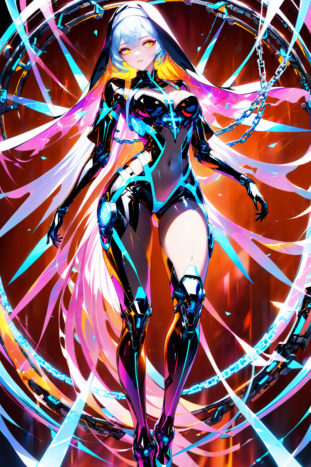 Jed-CyFut, (Masterpiece:0.9), best quality, (illustration, incredibly absurdres:0.95), ultra detailed, 1girl, dynamic angle, nun, glowing eyes, crosses, delicate frame, cyborg, hawken, robot joint, armed, harness, zipper, latex, covered navel, with thigh gap, luminescence, chain, (cinematic shadows, depth of field:0.95), [<lora:loraeyesxl:1.15>::0.5], [:<lora:detailed_hands:1.2>:0.5],  <lora:CyberFuturisticStyle:1>