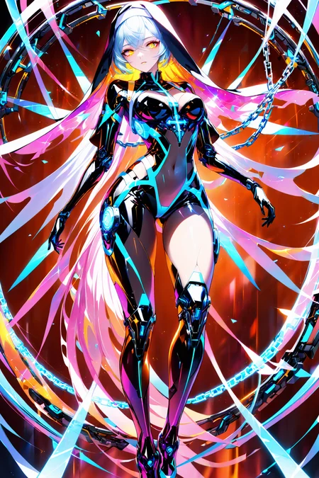 Jed-CyFut, (Masterpiece:0.9), best quality, (illustration, incredibly absurdres:0.95), ultra detailed, 1girl, dynamic angle, nun, glowing eyes, crosses, delicate frame, cyborg, hawken, robot joint, armed, harness, zipper, latex, covered navel, with thigh gap, luminescence, chain, (cinematic shadows, depth of field:0.95), [<lora:loraeyesxl:1.15>::0.5], [:<lora:detailed_hands:1.2>:0.5],  <lora:CyberFuturisticStyle:1>