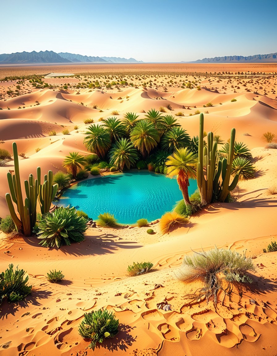 A serene oasis in the middle of an expansive golden desert, surrounded by rolling sand dunes under a vibrant blue sky. The oasis features a small, crystal-clear lagoon with calm, reflective water, bordered by lush green palm trees and colorful tropical plants. The scene is bathed in warm sunlight, with soft golden light illuminating the sand and creating subtle shadows among the dunes. In the background, faint silhouettes of distant mountains blend into the horizon. A few wisps of white clouds drift lazily in the sky, adding depth and texture to the composition. The overall atmosphere is peaceful and tranquil, evoking a sense of calm and wonder in the harsh desert landscape.<lora:SDXLFaeTastic2400:0.4> <lora:extremely_detailed:0.4> extremely detailed, <lora:O4s1s:1>,O4s1s, Masterpiece,best quality,hi res,8k,hi res,8k,award winning,(sharp focus, intricate, highly detailed),
