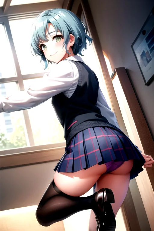 <lora:TowaHanamaki-04:0.8>, towahanamaki, looking at viewer, looking back, ass, ass focus, from behind, leaning front, panties, legs apart, thighs, smile, skirt, shirt, long sleeves, bow, closed mouth, school uniform, white shirt, pleated skirt, shoes, socks, collared shirt, miniskirt, bowtie, black footwear, vest, blue skirt, parted bangs, plaid, kneehighs, plaid skirt, black socks, loafers, sweater vest, purple bow, arms at sides, purple bowtie, grey vest,